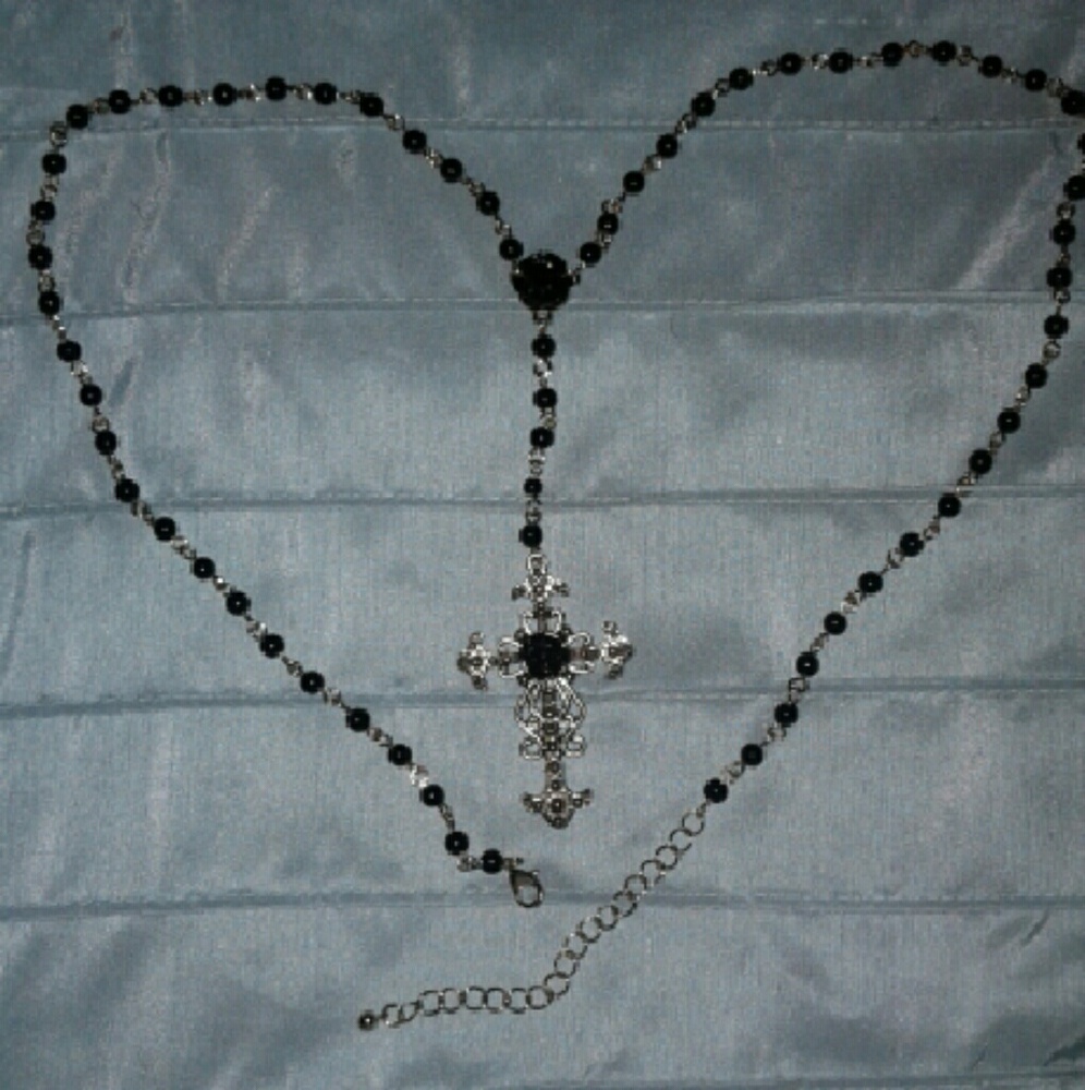 Rosary Necklace Black Roses & Beads